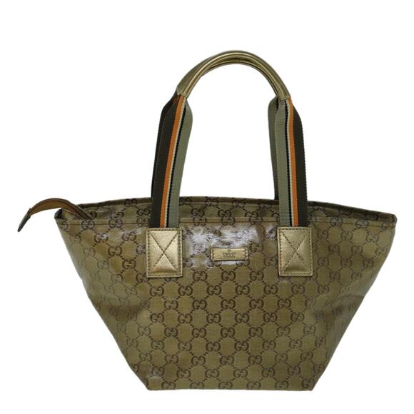 GUCCI GG Crystal Sherry Line Tote Bag Gold Tone Brown Gray - Picture 2 of 16